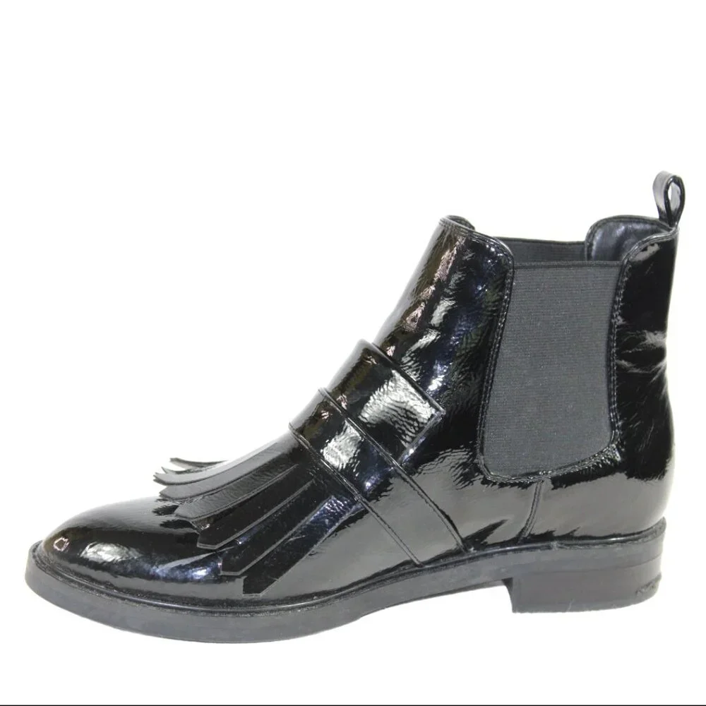 Marc Fisher Brigita Chelsea Kiltie Black Patent Buckle Pull On Boot, Size 7